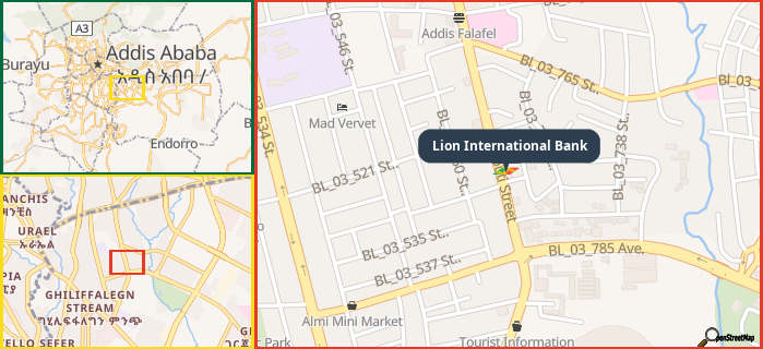 Map showing the address of Lion International Bank in three different zoom levels.