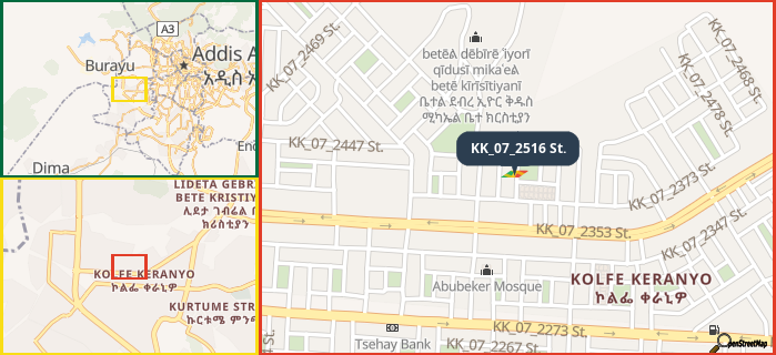 Map showing the address of KK_07_2516 St. in three different zoom levels.