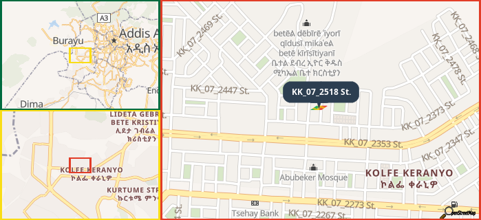 Map showing the address of KK_07_2518 St. in three different zoom levels.