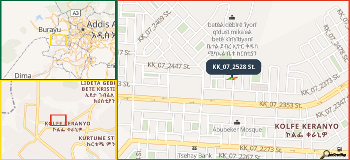 Map showing the address of KK_07_2528 St. in three different zoom levels.