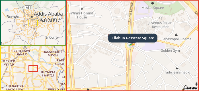 Map showing the address of Tilahun Gessesse Square in three different zoom levels.