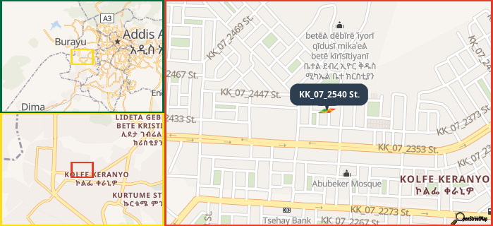 Map showing the address of KK_07_2540 St. in three different zoom levels.