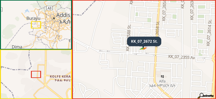 Map showing the address of KK_07_2672 St. in three different zoom levels.