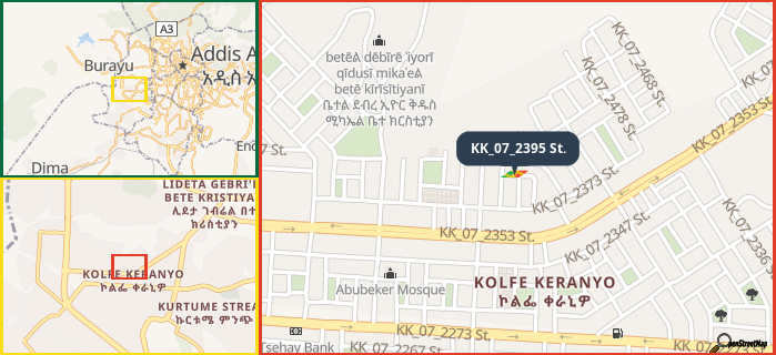 Map showing the address of KK_07_2395 St. in three different zoom levels.