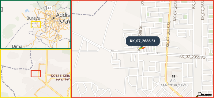 Map showing the address of KK_07_2686 St. in three different zoom levels.