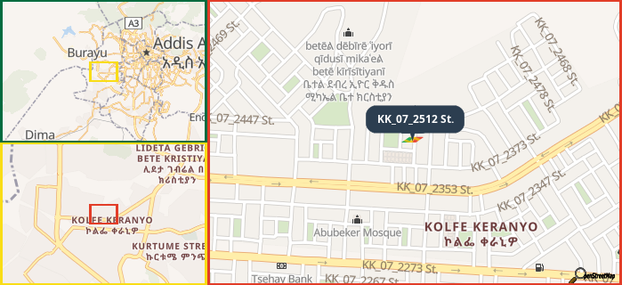 Map showing the address of KK_07_2512 St. in three different zoom levels.