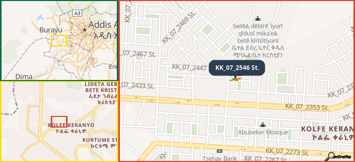 Map showing the address of KK_07_2546 St. in three different zoom levels.