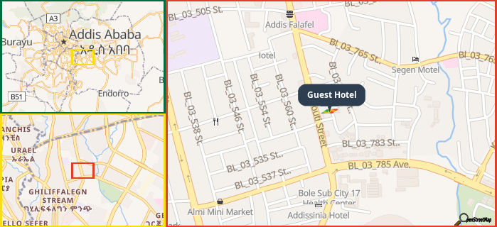 Map showing the address of Guest Hotel in three different zoom levels.