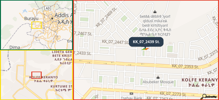 Map showing the address of KK_07_2439 St. in three different zoom levels.