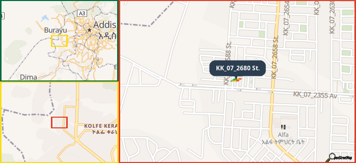 Map showing the address of KK_07_2680 St. in three different zoom levels.