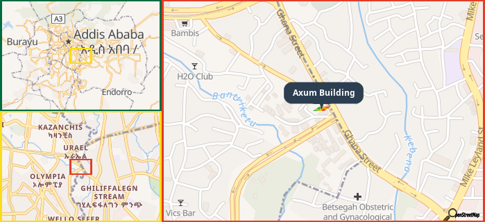 Map showing the address of Axum Building in three different zoom levels.