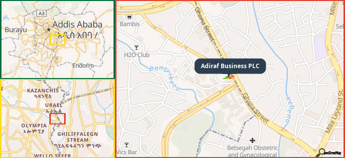 Map showing the address of Adiraf Business PLC in three different zoom levels.