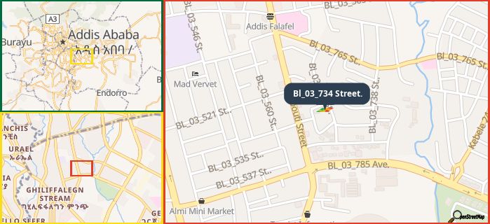 Map showing the address of Bl_03_734 Street. in three different zoom levels.