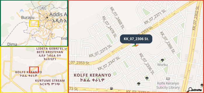 Map showing the address of KK_07_2306 St. in three different zoom levels.