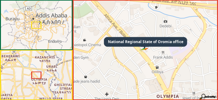 Map showing the address of National Regional State of Oromia office in three different zoom levels.