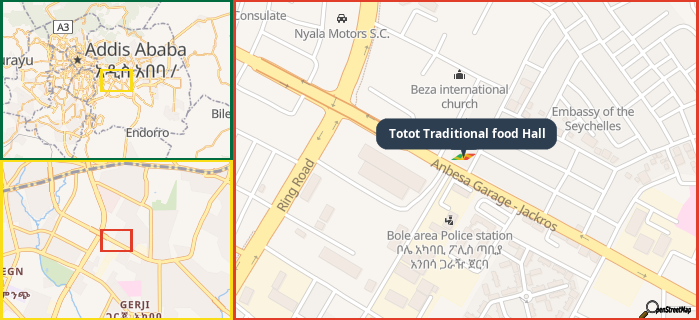 Map showing the address of Totot Traditional food Hall in three different zoom levels.