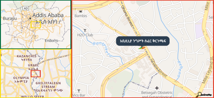 Map showing the address of አቢሲኒያ ንግሥት ሰፈር ቅርንጫፍ in three different zoom levels.