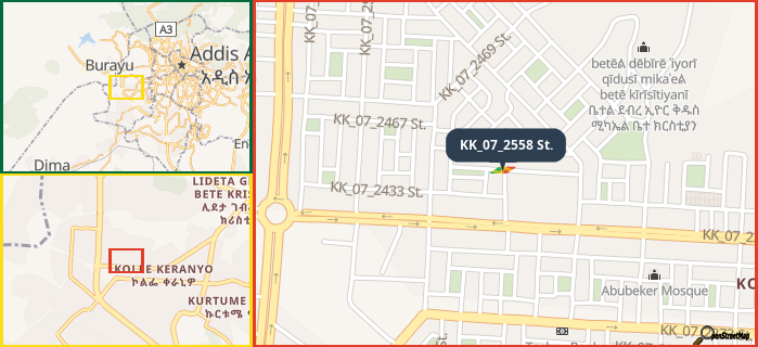 Map showing the address of KK_07_2558 St. in three different zoom levels.