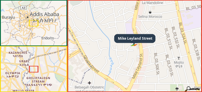 Map showing the address of Mike Leyland Street in three different zoom levels.