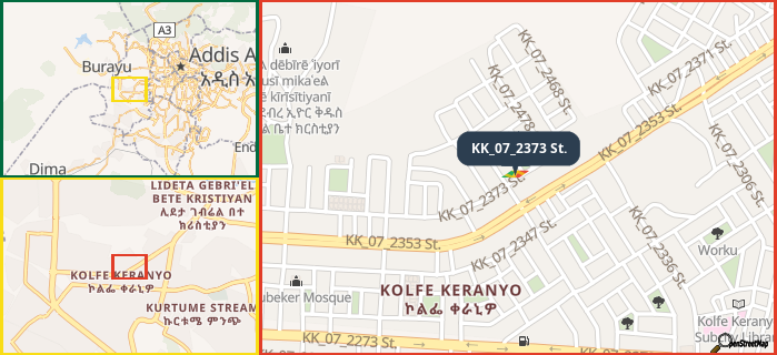 Map showing the address of KK_07_2373 St. in three different zoom levels.