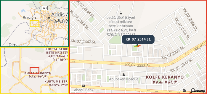 Map showing the address of KK_07_2514 St. in three different zoom levels.