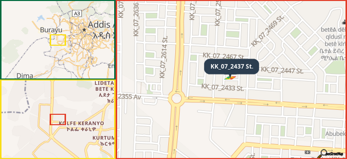 Map showing the address of KK_07_2437 St. in three different zoom levels.