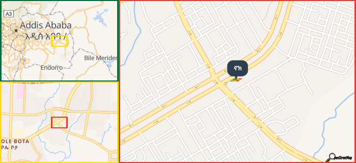 Map showing the address of ኖክ in three different zoom levels.