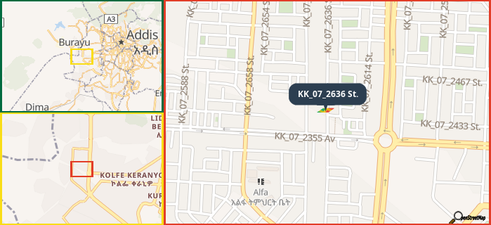 Map showing the address of KK_07_2636 St. in three different zoom levels.