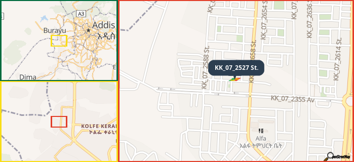 Map showing the address of KK_07_2527 St. in three different zoom levels.