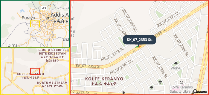 Map showing the address of KK_07_2353 St. in three different zoom levels.