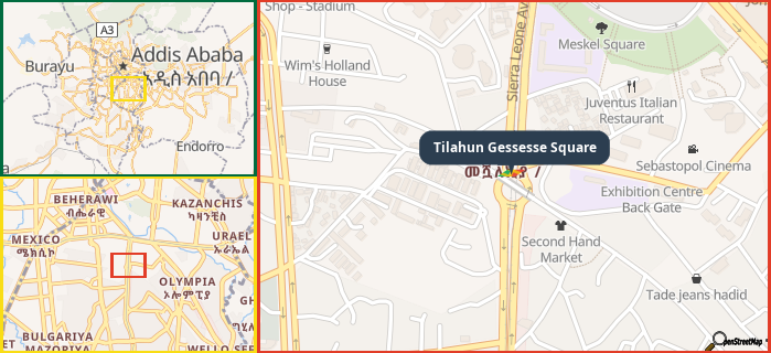 Map showing the address of Tilahun Gessesse Square in three different zoom levels.
