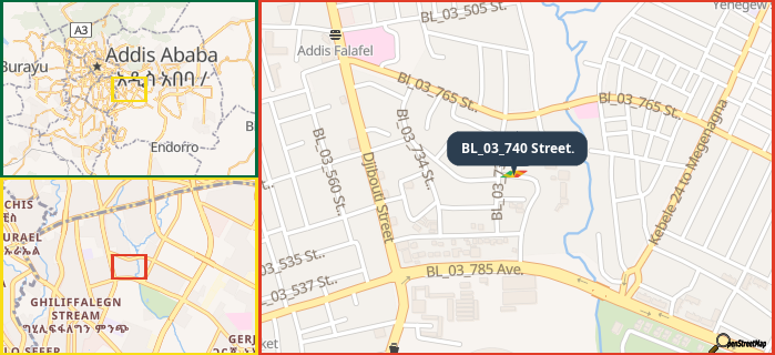 Map showing the address of BL_03_740 Street. in three different zoom levels.