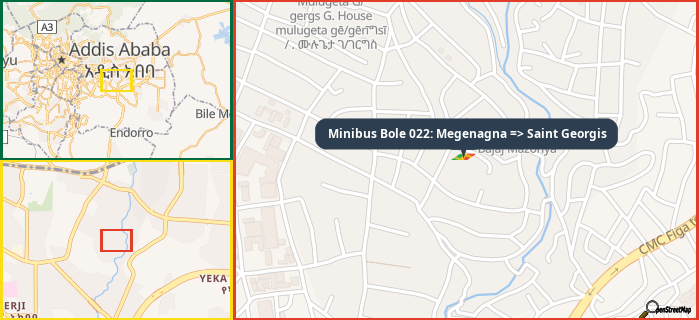 Map showing the address of Minibus Bole 022: Megenagna => Saint Georgis in three different zoom levels.