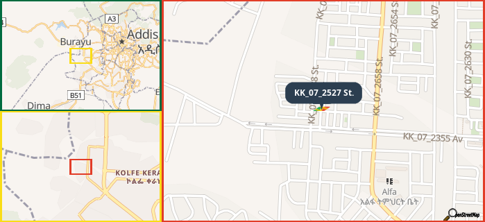 Map showing the address of KK_07_2527 St. in three different zoom levels.