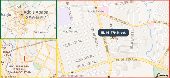 Map showing the address of BL_03_779 Street. in three different zoom levels.