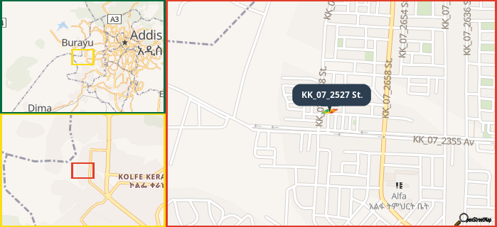 Map showing the address of KK_07_2527 St. in three different zoom levels.