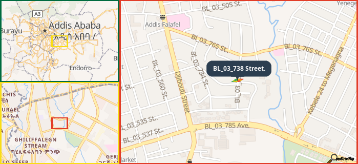 Map showing the address of BL_03_738 Street. in three different zoom levels.