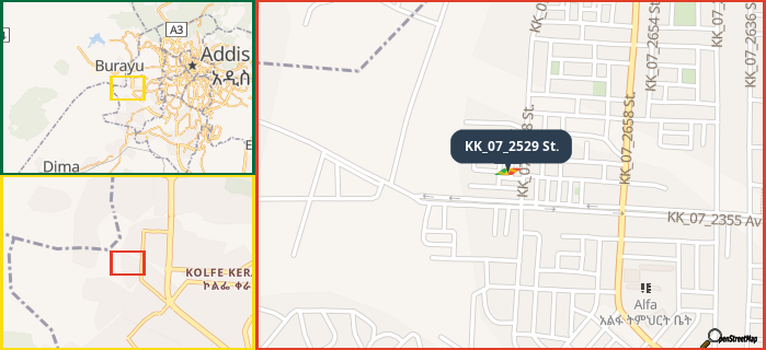 Map showing the address of KK_07_2529 St. in three different zoom levels.