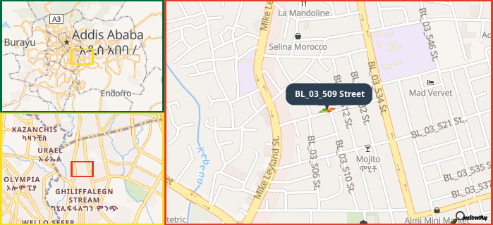 Map showing the address of BL_03_509 Street in three different zoom levels.