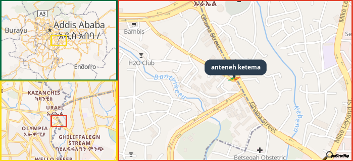 Map showing the address of anteneh ketema in three different zoom levels.