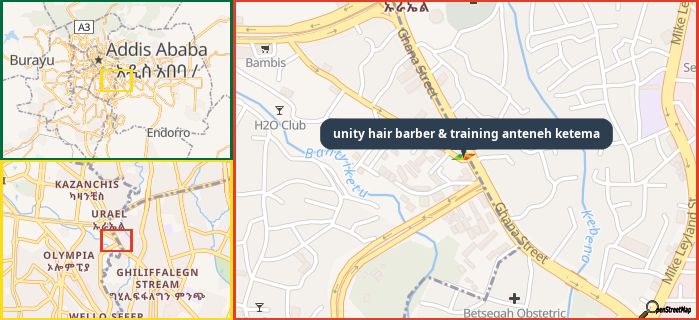 Map showing the address of unity hair barber & training anteneh ketema in three different zoom levels.