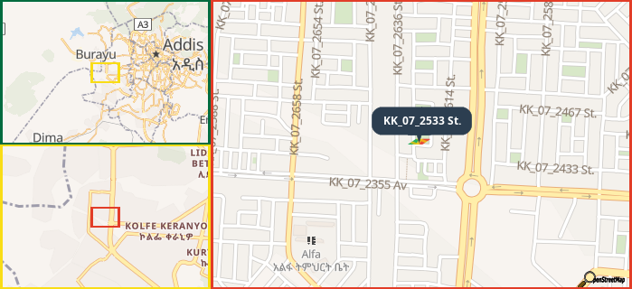 Map showing the address of KK_07_2533 St. in three different zoom levels.