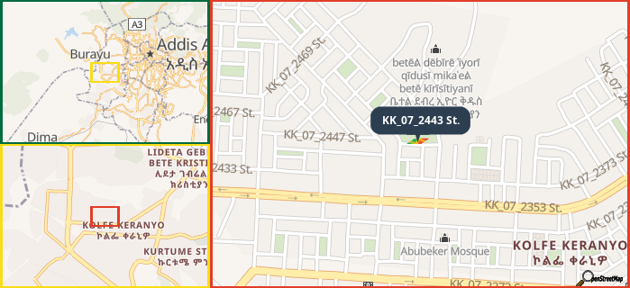 Map showing the address of KK_07_2443 St. in three different zoom levels.