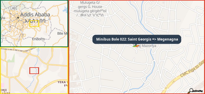 Map showing the address of Minibus Bole 022: Saint Georgis => Megenagna in three different zoom levels.