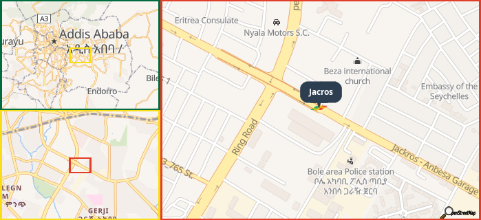 Map showing the address of Jacros in three different zoom levels.