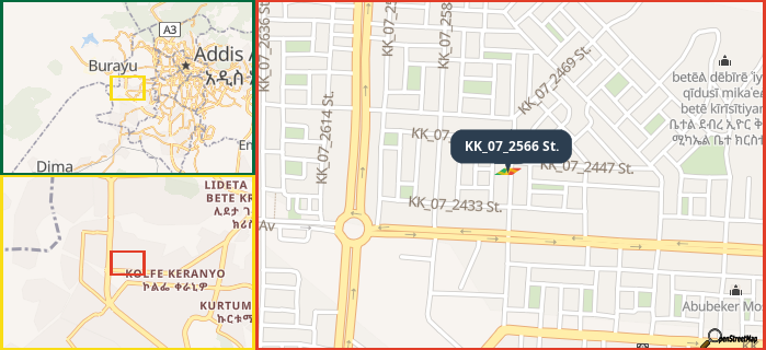 Map showing the address of KK_07_2566 St. in three different zoom levels.