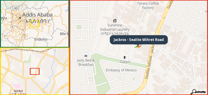 Map showing the address of Jackros - Sealite Mihret Road in three different zoom levels.