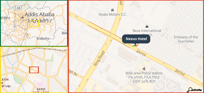 Map showing the address of Nexus Hotel in three different zoom levels.