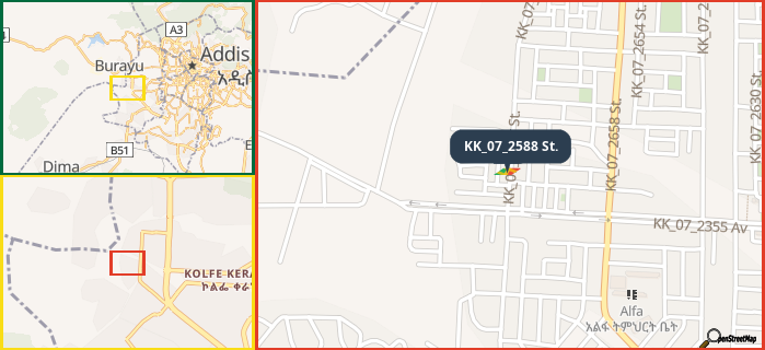 Map showing the address of KK_07_2588 St. in three different zoom levels.