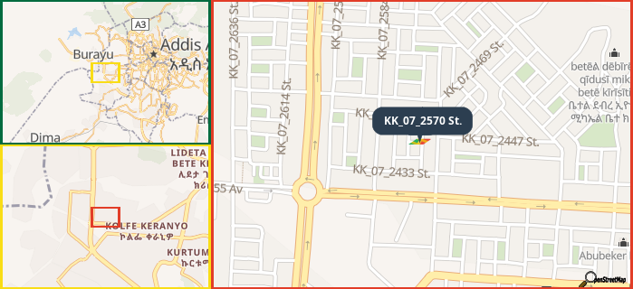 Map showing the address of KK_07_2570 St. in three different zoom levels.